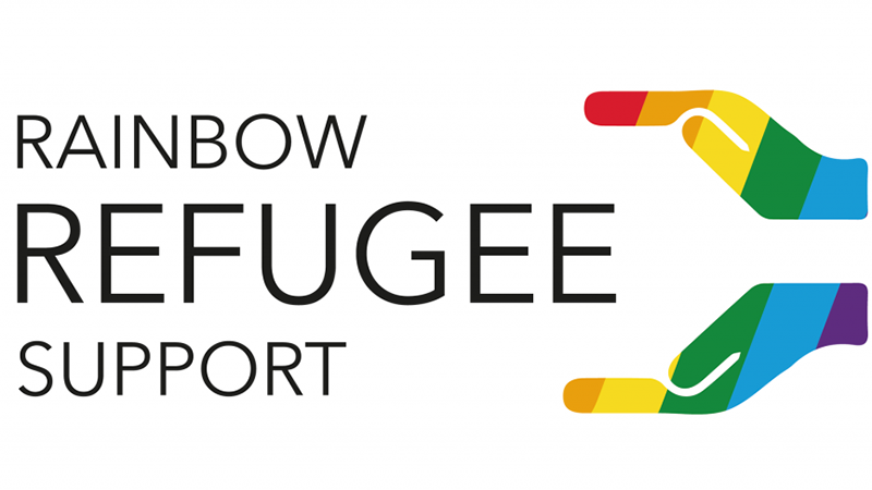 Logo der Rainbow Refugees mit regenbogenfarbenen Händen